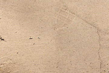 Sea sand on the beach, top view. With Shoe marks.