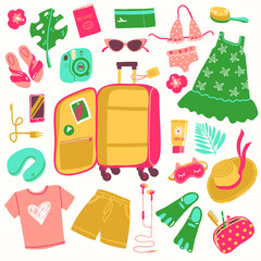 Travel illustrations elements, packing the suitcase on vacation at sea. Vector