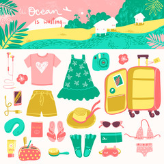 Travel illustrations elements, packing the suitcase on vacation at sea and horizontal landscape header.