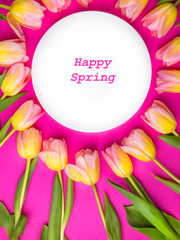 Spring tulips frame, with plate on pink background