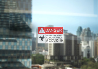 COVID19 Corona pm2.5 flu h5n1 outbreak alert danger signage with city view background.Asia china korea japan malaysia italy croatia iran risk spead virus