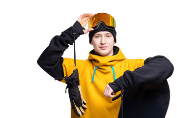 White isolated background with snowboard male snowboarder banner