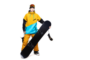 Male snowboarder holds snowboard on white isolated background