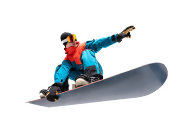 Portrait young man snowboarder jump on snowboard in sportswear isolated white background