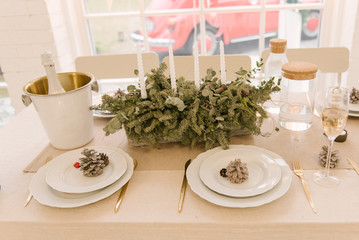 Kitchen with beautiful Christmas decorations.    Holiday background. New Year
