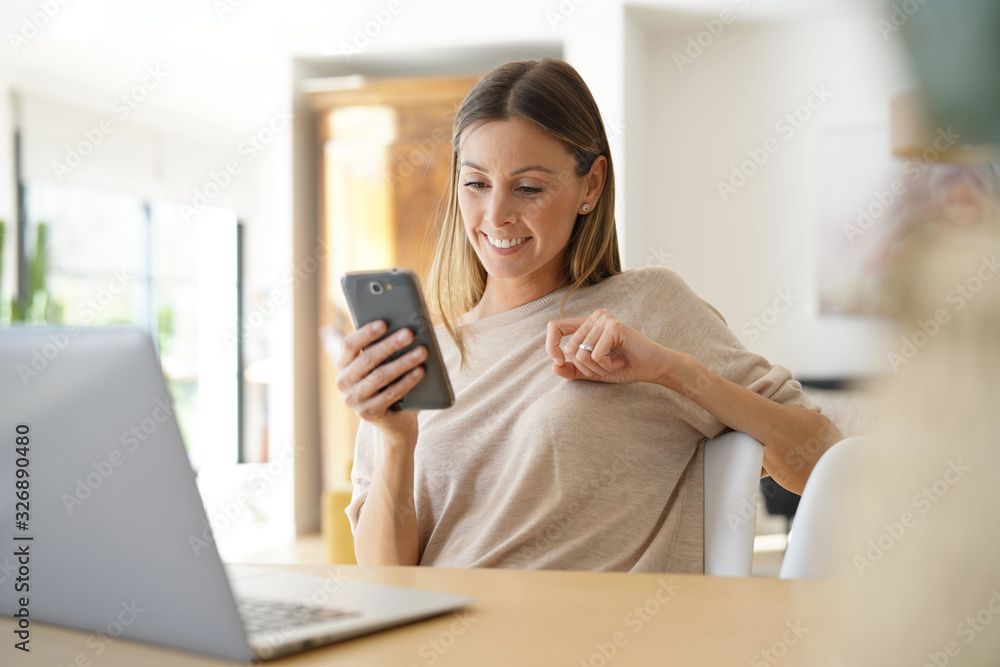 Sticker young woman at home talking on phone