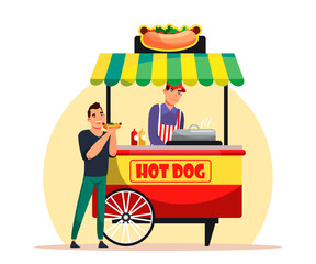 Man buy hotdog at fastfood street market on wheel