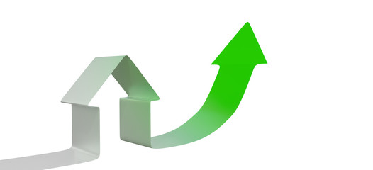 property prices concept, house and green arrows on white background