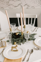 Kitchen with beautiful Christmas decorations.    Holiday background. New Year