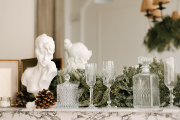 The decor of Christmas and New year.  living room with Christmas tree, selective focus