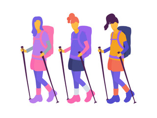 Fototapeta na wymiar Female characters with trekking poles goes to the mountains. Active people with backpacks hiking, exploring wild nature, trekking. Flat cartoon vector illustration.