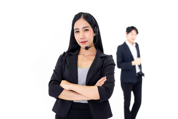 Couple Asia call center workers or Confident business  with headset,Customer support standing on white background.