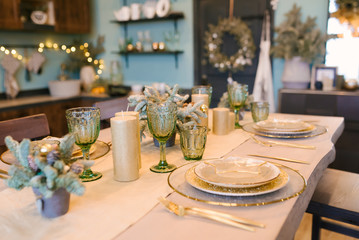 Kitchen with beautiful Christmas decorations.    Holiday background. New Year