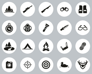 Hunting & Hunting Equipment Icons Black & White Flat Design Circle Set Big