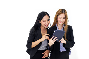 Couple Asia call center workers or Confident business  with headset and tablet,Customer support standing on white background.