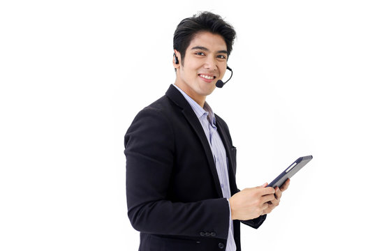 Asia Call Center Workers Or Confident Business  With Headset,Customer Support Standing On White Background.