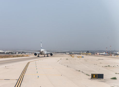 The plane of the Israeli airline El Al is moving on the runway of Ben Gurion International Airport, near Tel Aviv in Israel