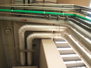 Many pipe systems on the ceiling Many different technical pipes such as water pipes, gas pipes,...