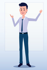 Business men Office cartoon characters. Standing persons. Business People at morning meeting. Illustration vector of discussion and talk, Board background.