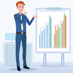 Business men Office cartoon characters. Standing persons. Business People at morning meeting. Illustration vector of discussion and talk, Board background.