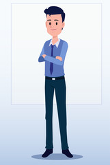Business men Office cartoon characters. Standing persons. Business People at morning meeting. Illustration vector of discussion and talk, Board background.