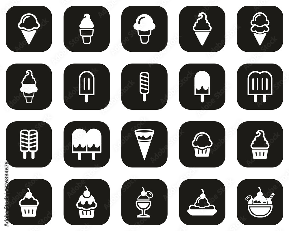 Wall mural Ice Cream Icons White On Black Flat Design Set Big