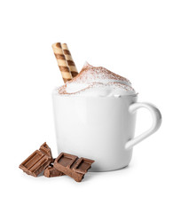 Cup of hot chocolate on white background