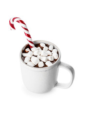 Cup of hot chocolate on white background