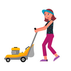 Cartoon friendly smiling young woman with lawn mower isolated on white. Gardening and landscape design. Female gardener working with garden equipment. Vector flat cutout illustration.