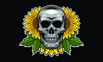 Skull with sunflowers and leaves vector illustration isolated on black background