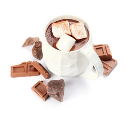 Cup of hot chocolate on white background