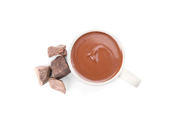 Cup of hot chocolate on white background