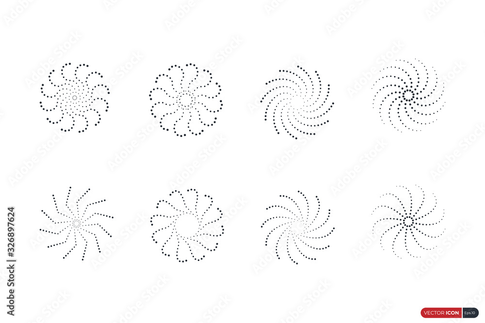 Poster set of abstract flowers and sunburst. spiral wavy curvy circular lines halftone dot patterns. vintag