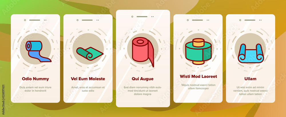Aufkleber roll and reel material onboarding icons set vector. toilet paper and textile roll, towel and carpet,