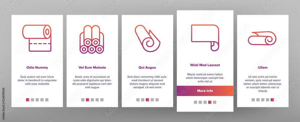 Poster roll and reel material onboarding icons set vector. toilet paper and textile roll, towel and carpet,