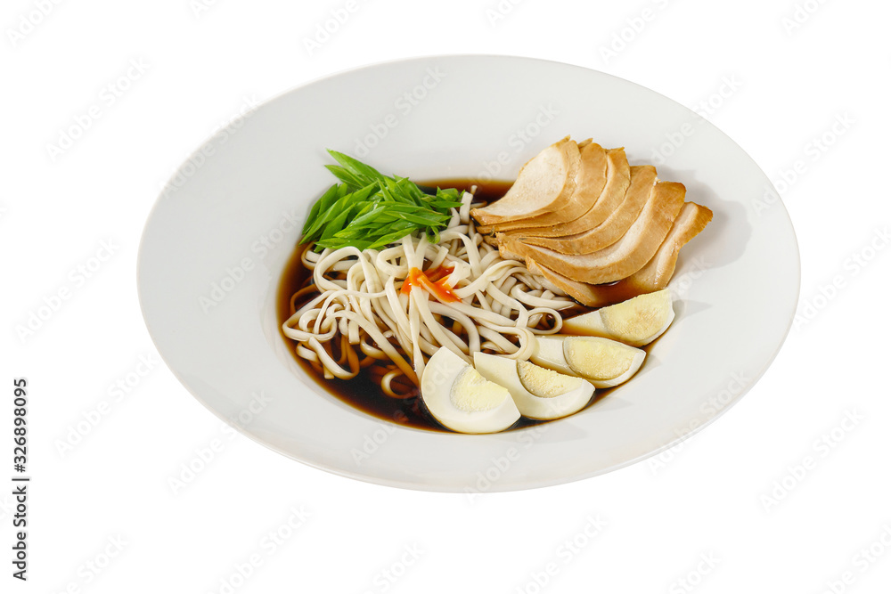 Wall mural fo bo soup, with vegetables, noodles, greens onions, egg, chicken, spicy red sauce in a white plate 