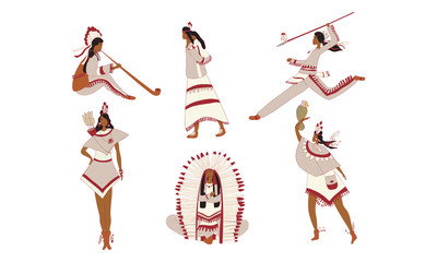 persons Wearing Broad Clothing with Feathers Smoking Pipe and Hunting with Spear Vector Set © Happypictures