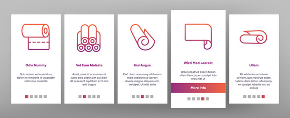 Roll And Reel Material Onboarding Icons Set Vector. Toilet Paper And Textile Roll, Towel And Carpet, Scroll Whatman And Document List Illustrations