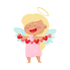 Cute Girl Angel with Blonde Hair and Gold Nimbus Holding Heart Garland Vector Illustration