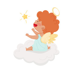 Cute Baby Angel with Gold Nimbus and Wings Sitting on the Cloud Vector Illustration