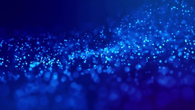 Magic blue glowing particles flow in viscous liquid and bright glisten. Science fiction. 4k 3d sci-fi background with glittering particles, depth of field and bokeh. Luma matte as alpha channel. 199