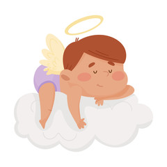 Cute Boy Angel with Gold Nimbus and Wings Sleeping on Soft Cloud Vector Illustration