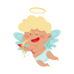 Little Boy Angel with Gold Nimbus and Wings Aiming with His Bow Vector Illustration