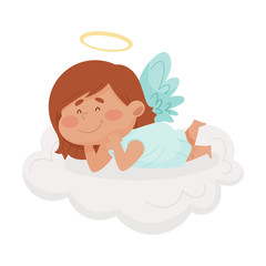 Little Smiling Girl Angel with Gold Nimbus and Wings Lying on Soft Cloud Vector Illustration