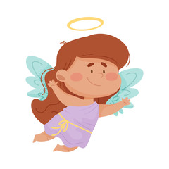 Little Smiling Girl Angel with Gold Nimbus and Wings Flying Vector Illustration