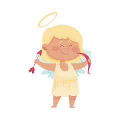 Girl Angel with Gold Nimbus and Wings Holding Arrow and Bow in Her Hands Vector Illustration