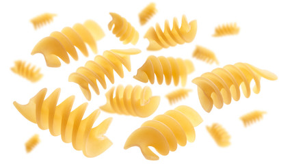 Italian pasta levitating on a white background