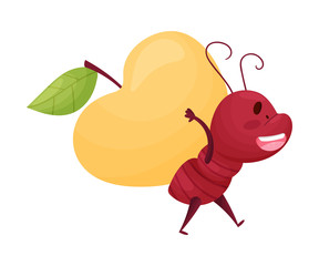 Cartoon Ant Character Carrying Huge Apple on Its Back Isolated on White Background Vector Illustration