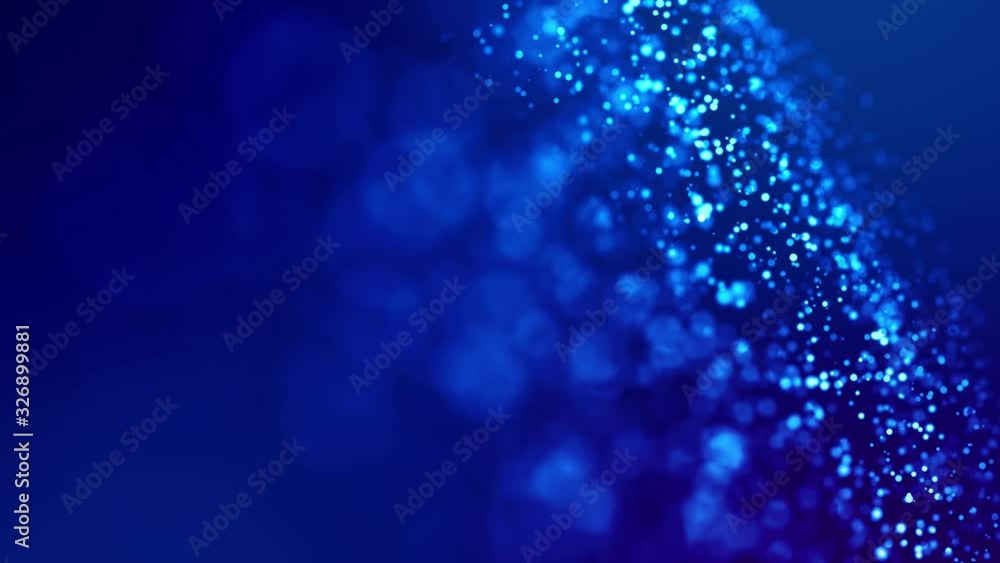 Poster magic blue glowing particles flow in viscous liquid and bright glisten. science fiction. 4k 3d sci-f