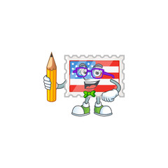 A mascot icon of Student independence day stamp character holding pencil